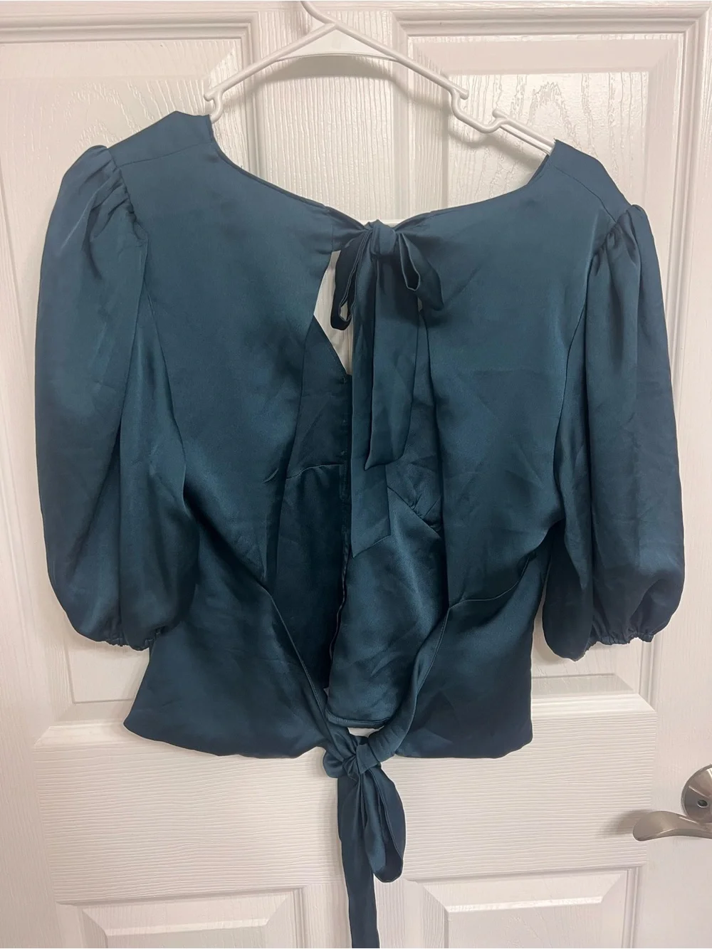Abercrombie & Fitch Teal Satin Tie-Back Puff Sleeve Blouse
